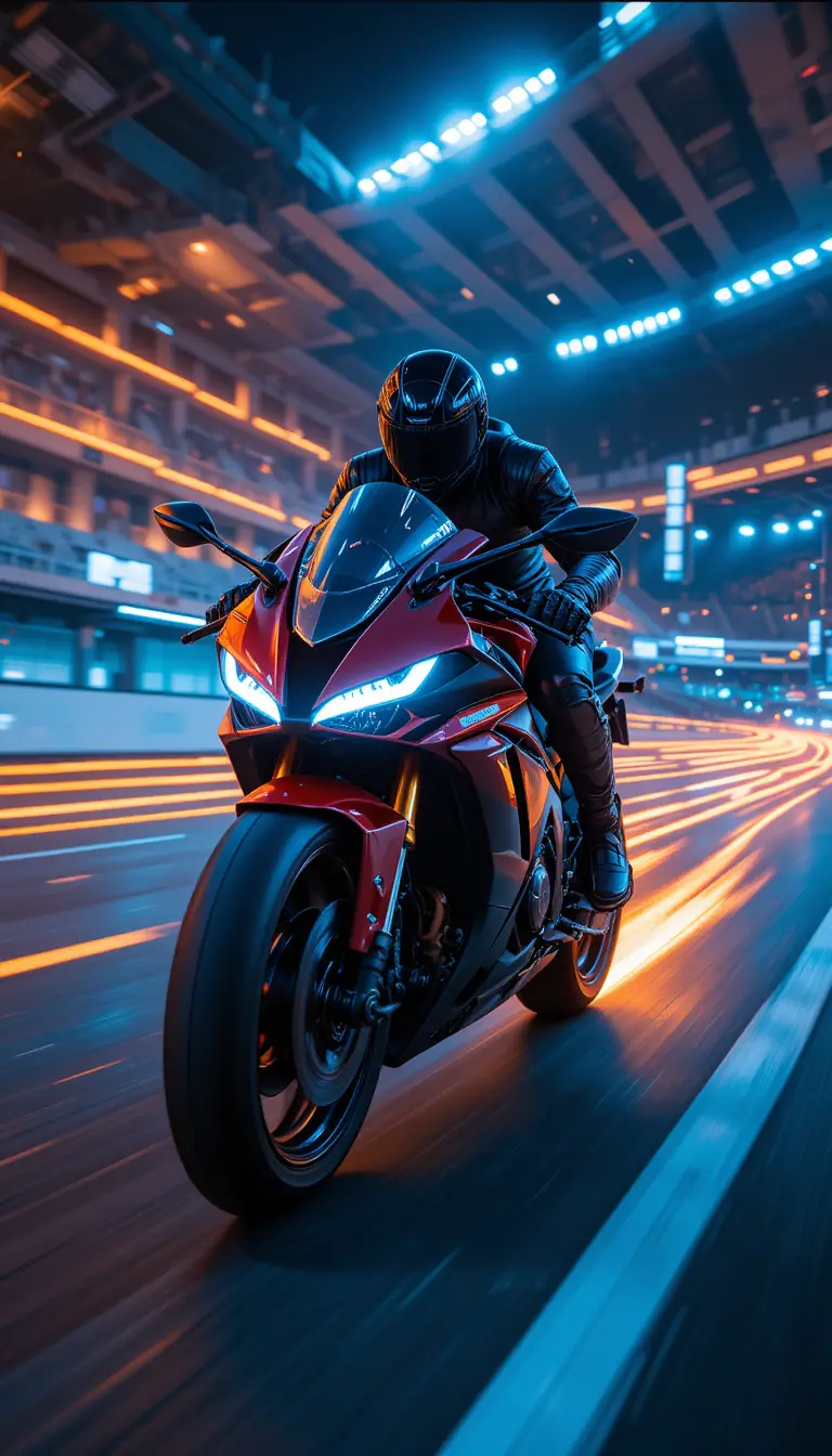 Futuristic motorcycle rider racing through neon city night