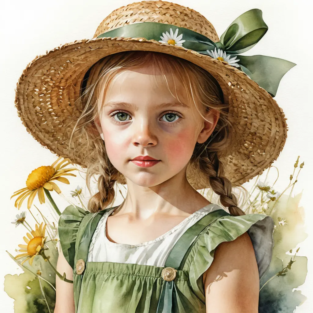 Cute farm girl portrait in green dress watercolor