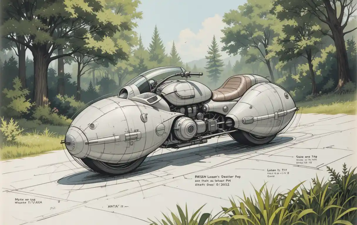 Futuristic hovercraft motorcycle design sketch with forest details