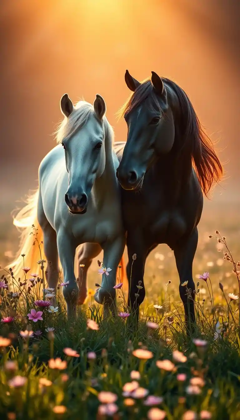 Majestic Black Stallion And White Mare At Sunrise