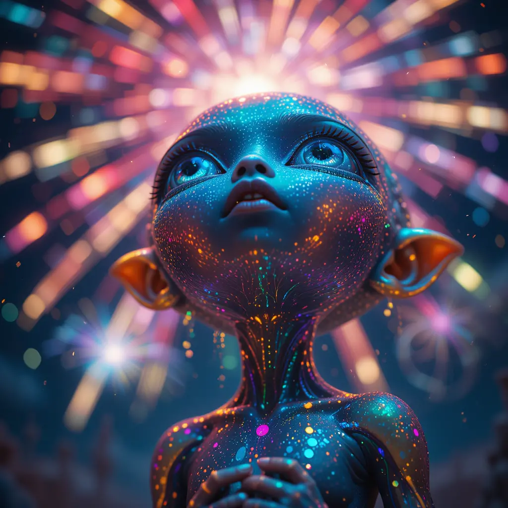 Tiny alien watching colorful fireworks in space