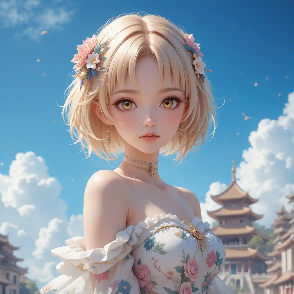 Anime girl portrait with flowers and fantasy city sky
