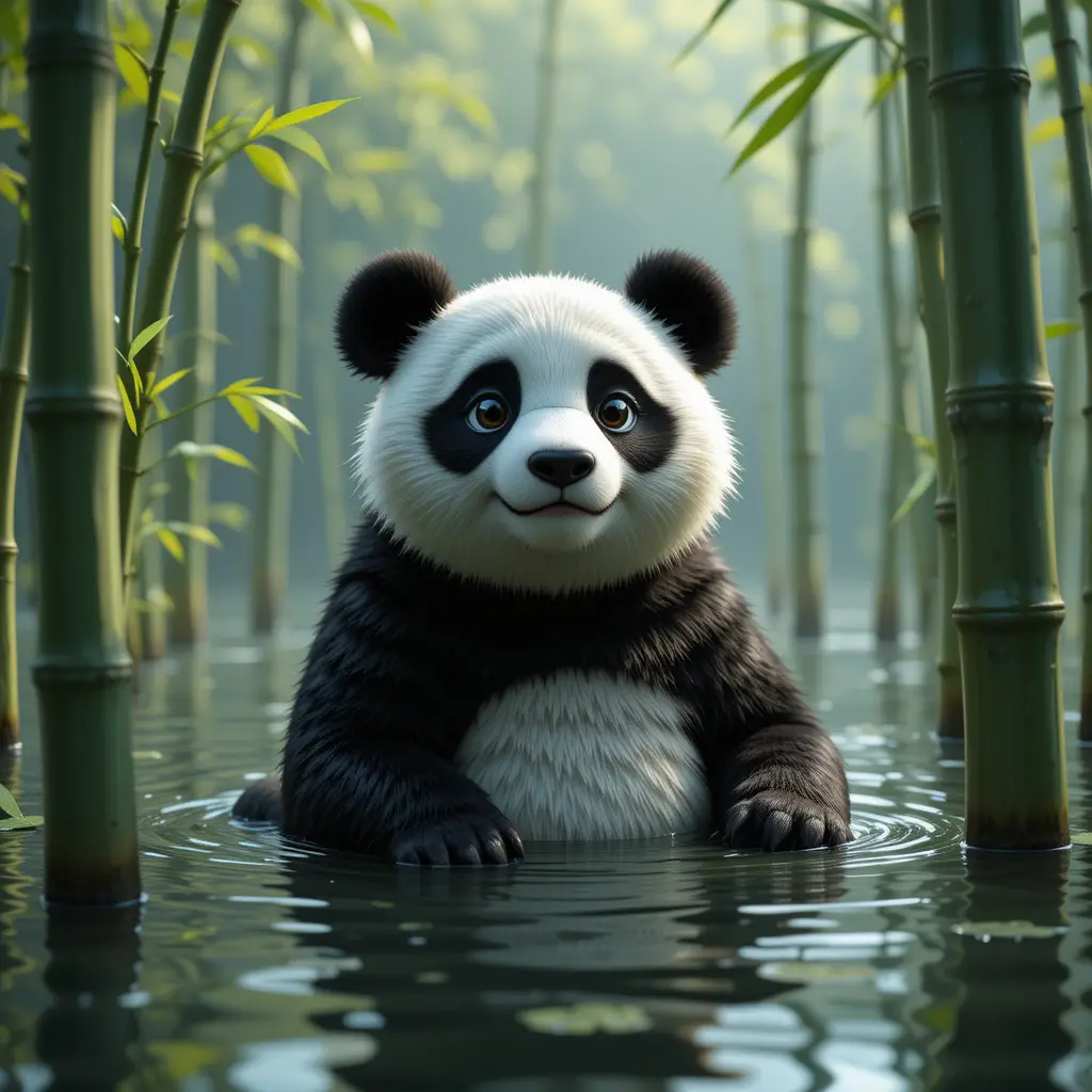Pixar style macro panda beside bamboo over calm water