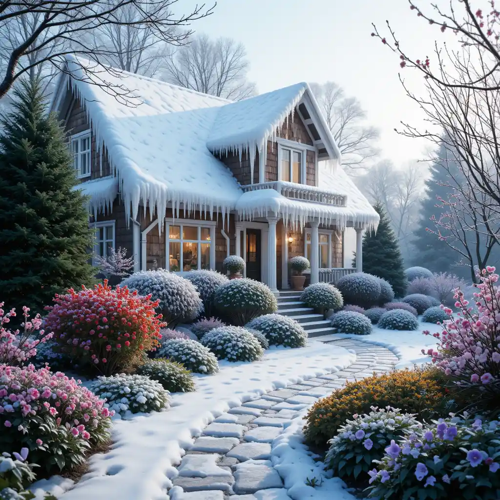 Cozy Frozen House In A Snowy Winter Garden
