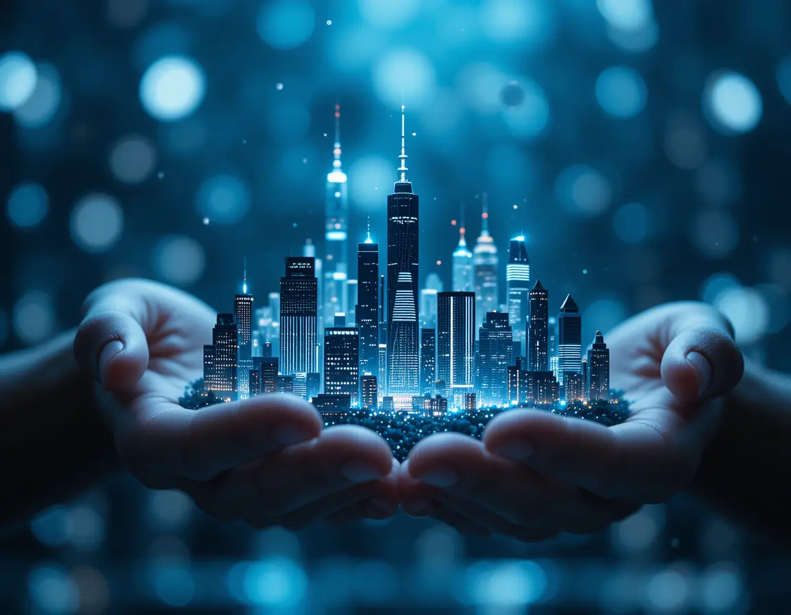 Futuristic Neon City Floating Above Human Hands
