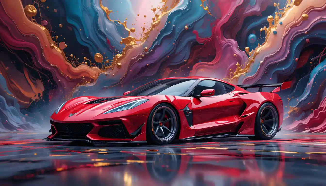 Abstract cosmic fluid art with futuristic red sports car
