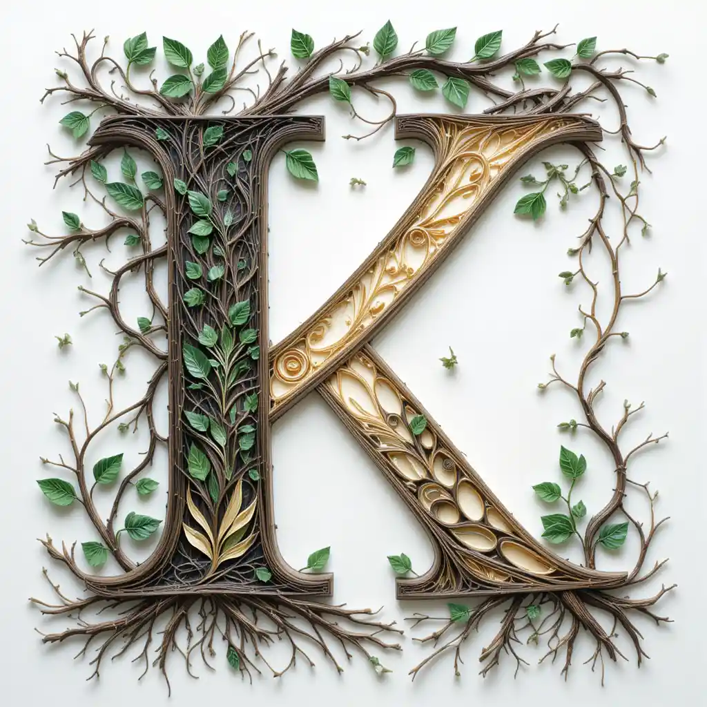 Letter k with roots and vines in quilling style