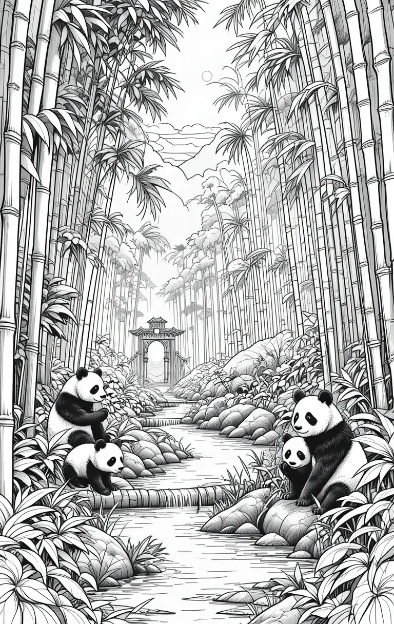 Pandas In A Bamboo Forest Coloring Book Landscape