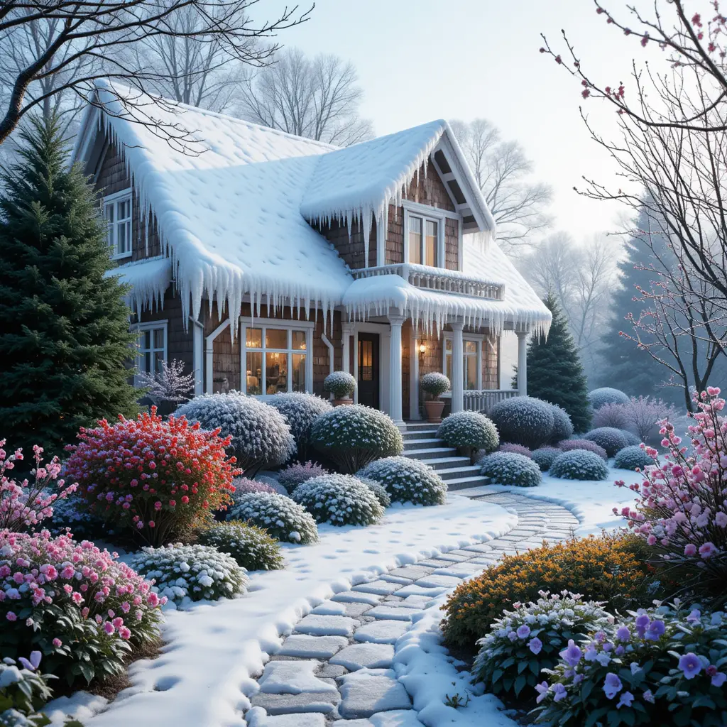 Cozy Frozen House In A Snowy Winter Garden