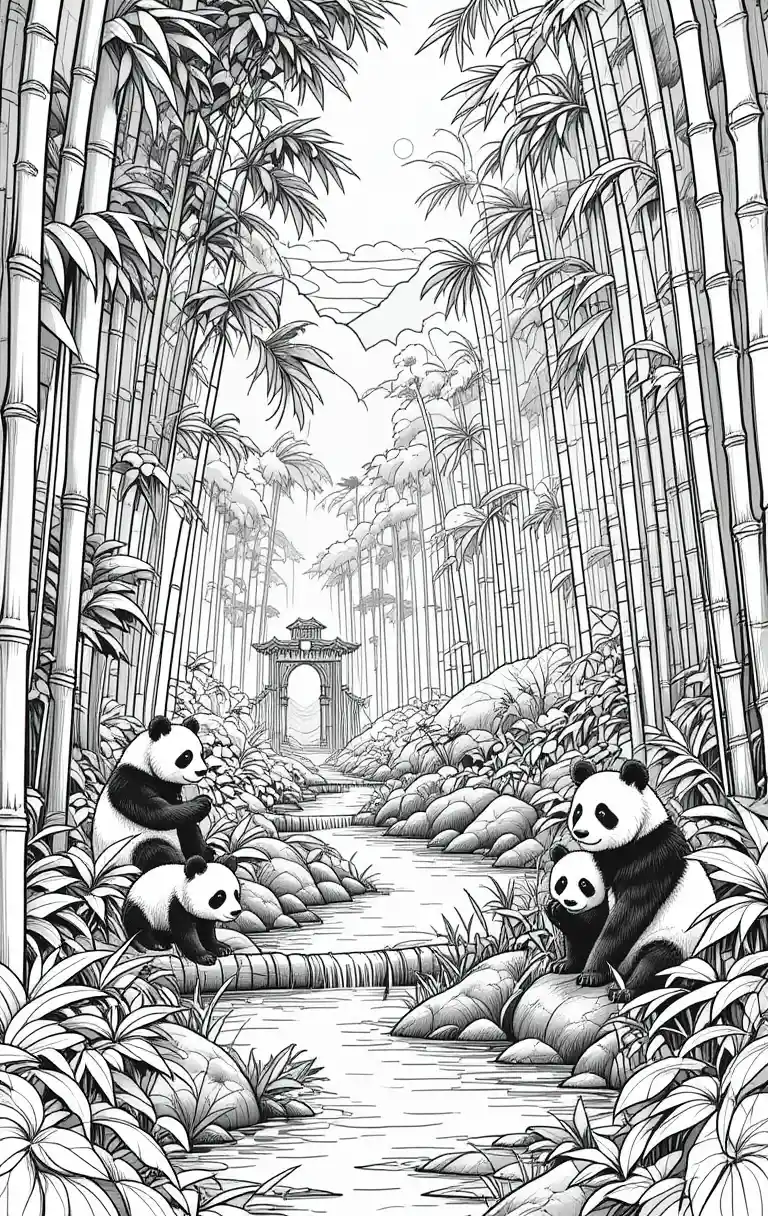 Pandas In A Bamboo Forest Coloring Book Landscape