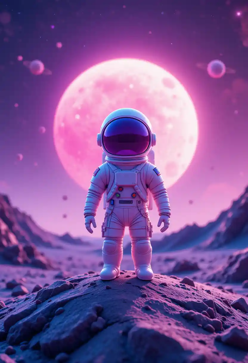 Cute astronaut standing on a pastel solar system planet