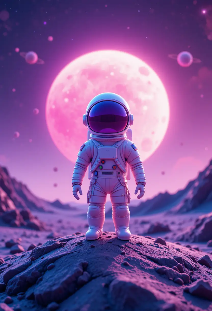 Dolce astronauta in piedi su un pianeta pastello del sistema solare