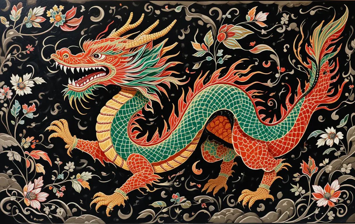 Colorful dragon dance over bold block printed background