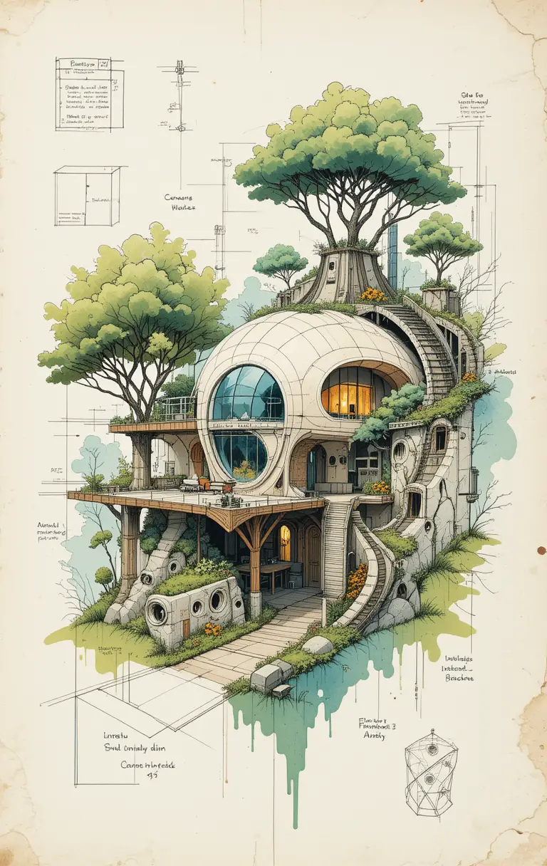 Futuristic eco friendly underground house architectural sketch