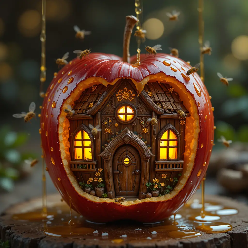 Whimsical miniature house carved inside a red apple