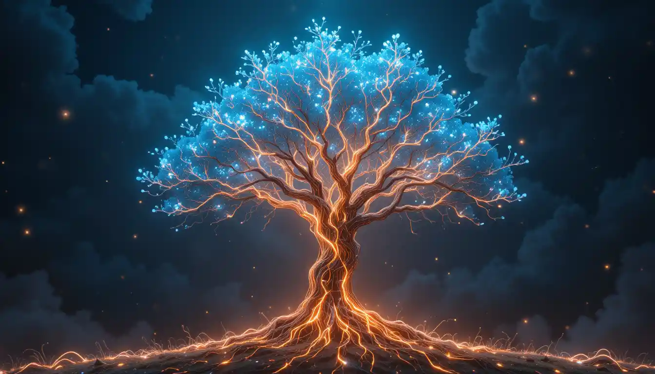 Arbre futuriste aux branches de circuits et feuilles holographiques