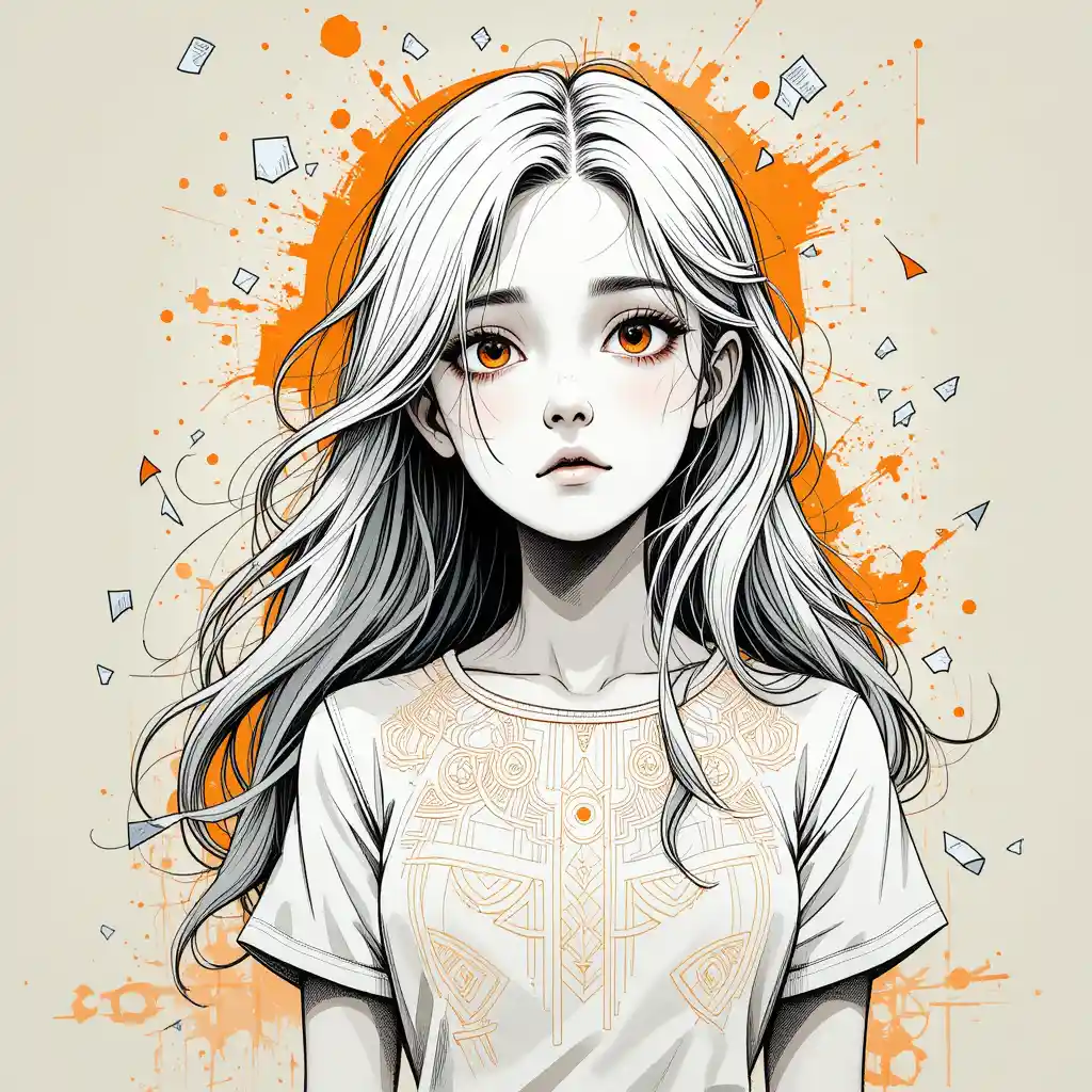 Sad young girl illustration with abstract orange background