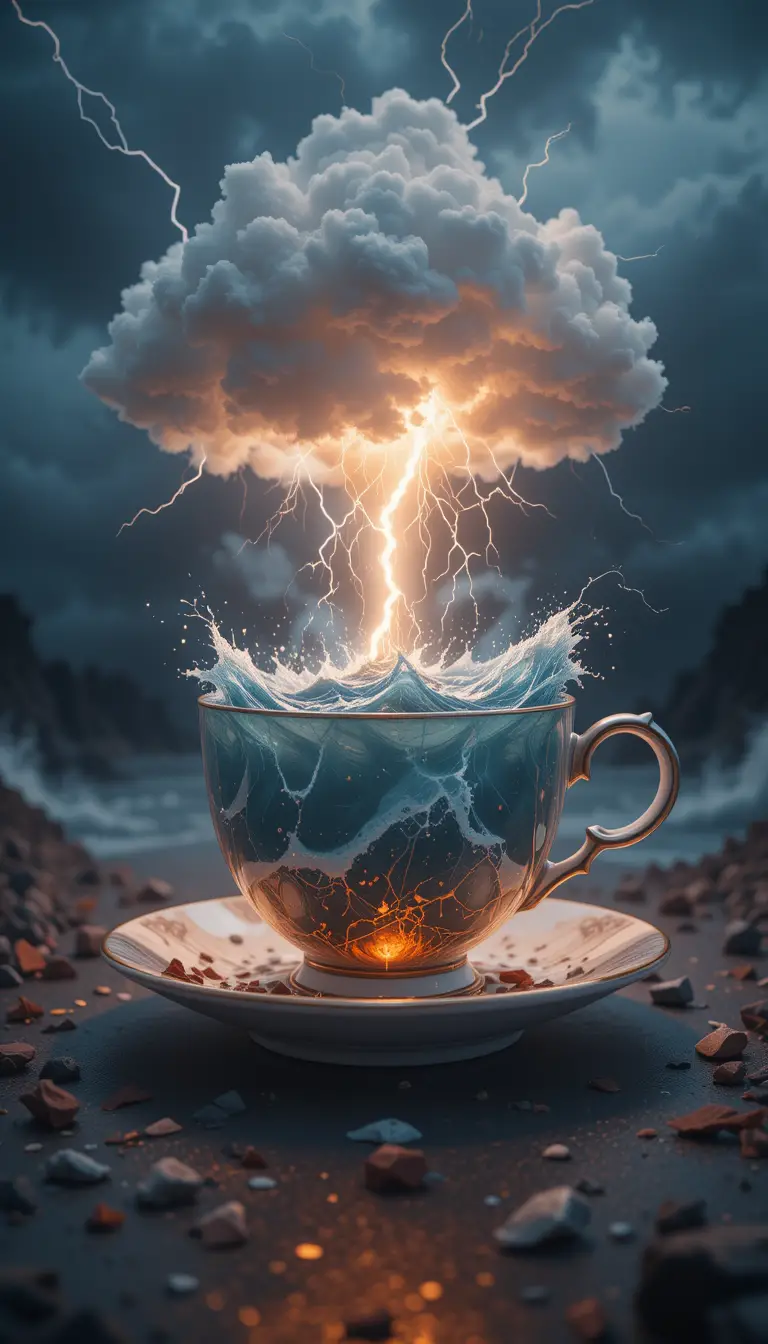 Stormy sea and lightning contained within a teacup