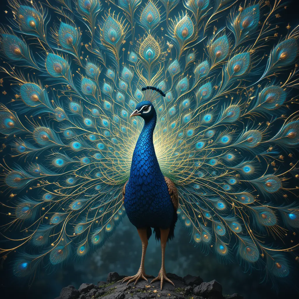 Majestic peacock with iridescent fractal plumage in dreamlike realm