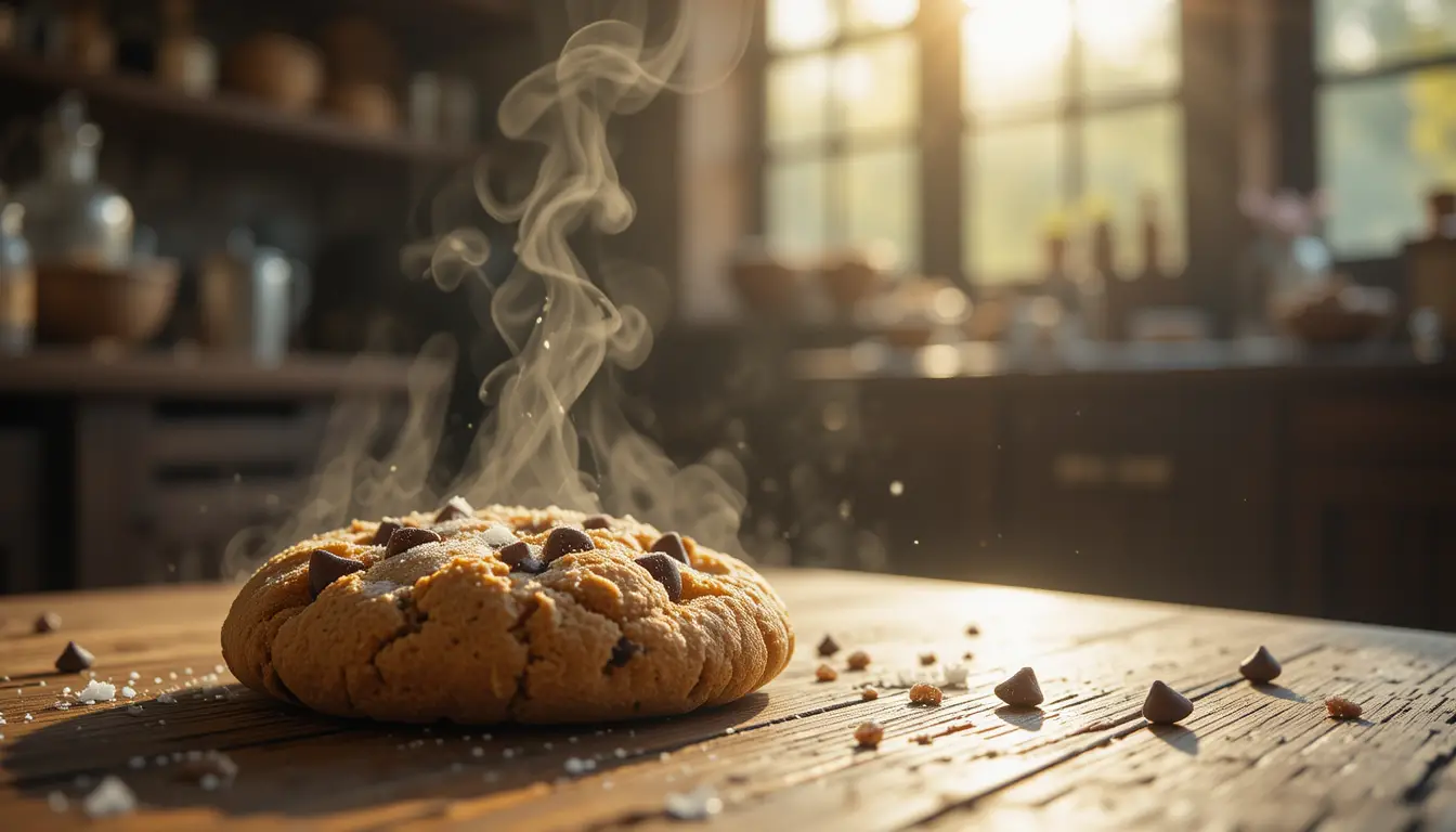 Warm sunlight on a single chocolate chip cookie still life