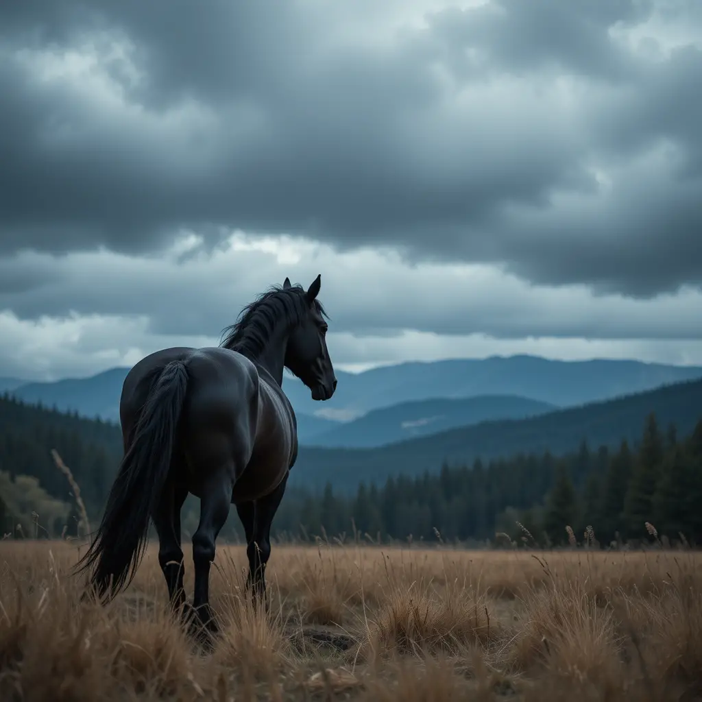 Black horse trotting through dry grass under heavy clouds