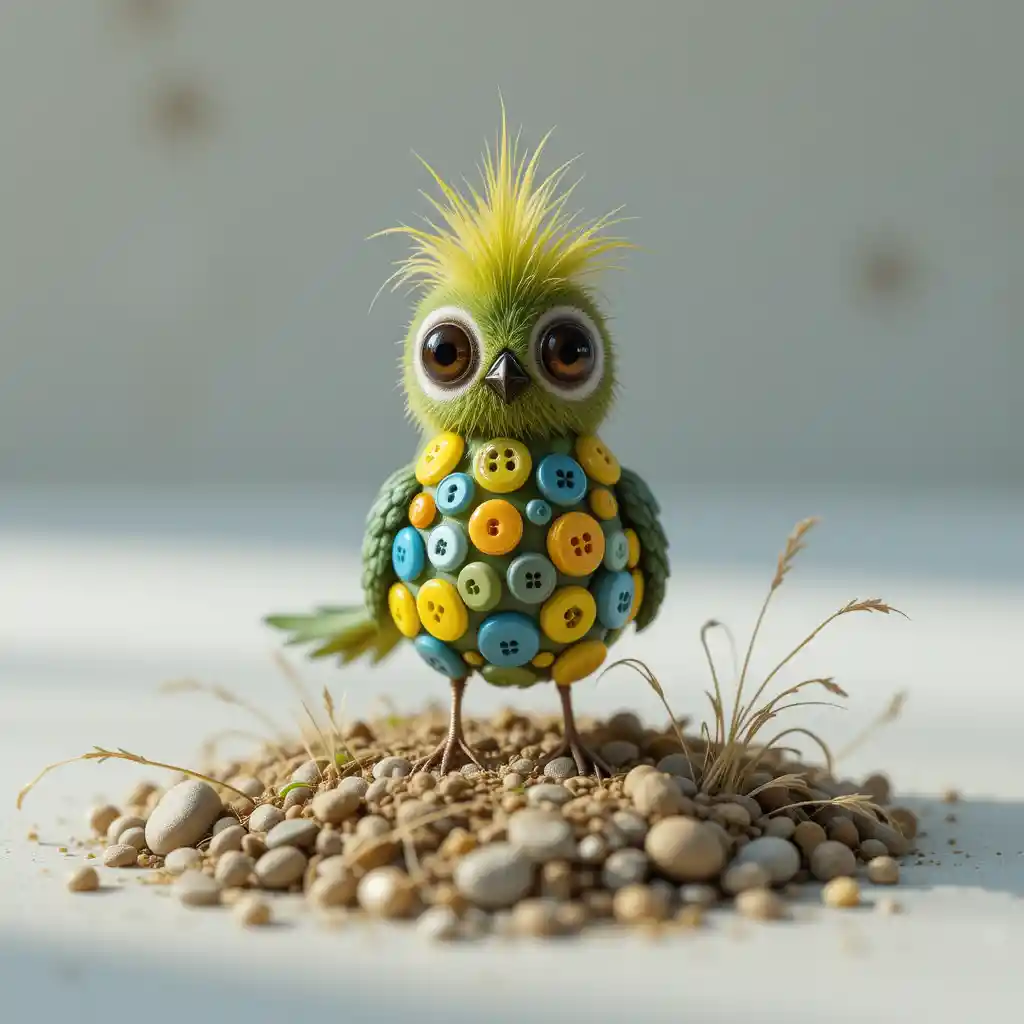 Whimsical button bird sculpture on rocks and dried grass