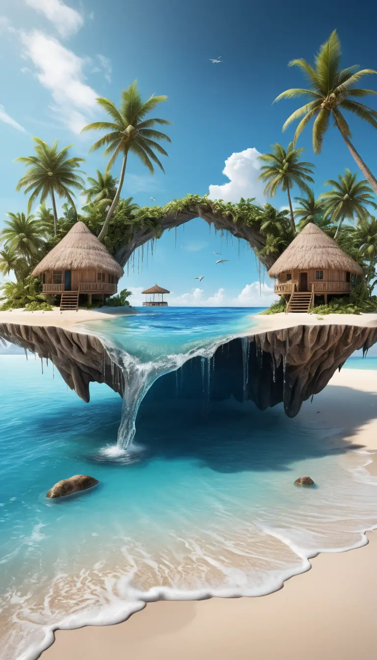 Surreal Tropical Island Inside A Halved Coconut Waterfall