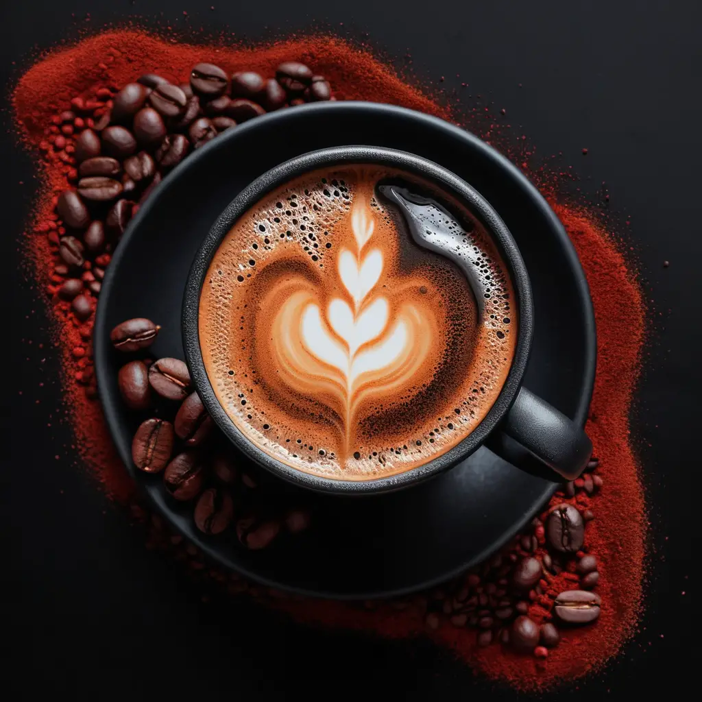 Black coffee cup with beans on dark top view artwork