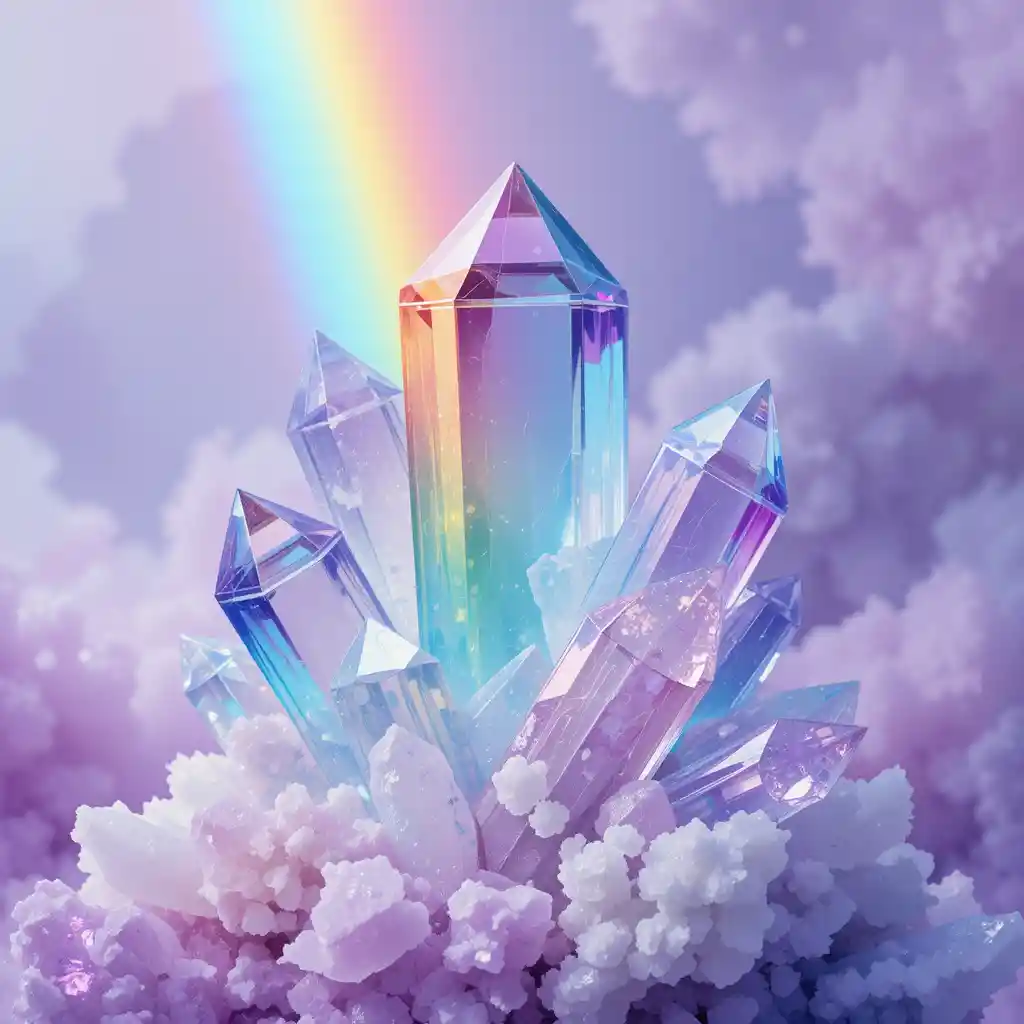 Rainbow Light On Crystals With Soft Watercolor Background