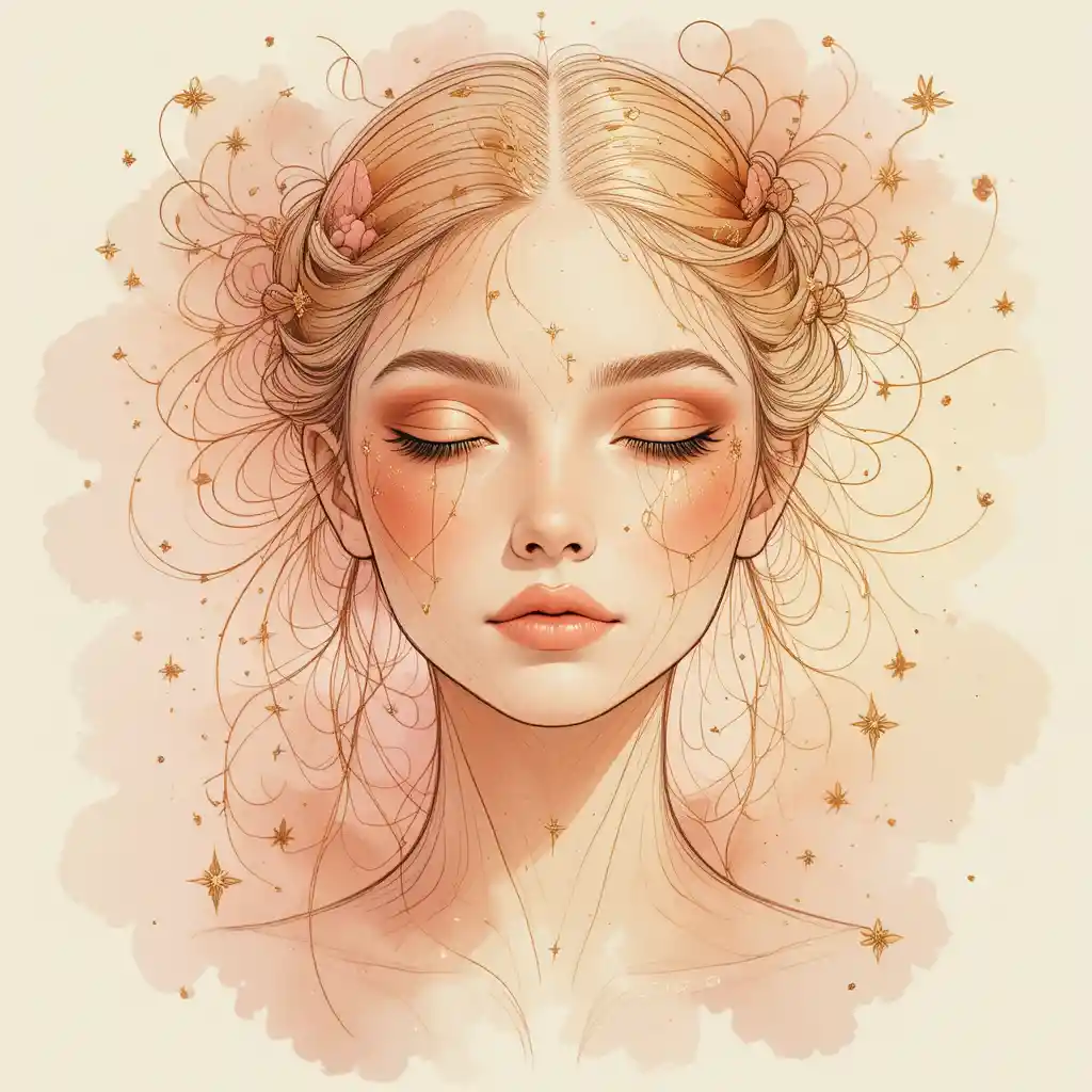 Bronze line art portrait with dreamy watercolor background