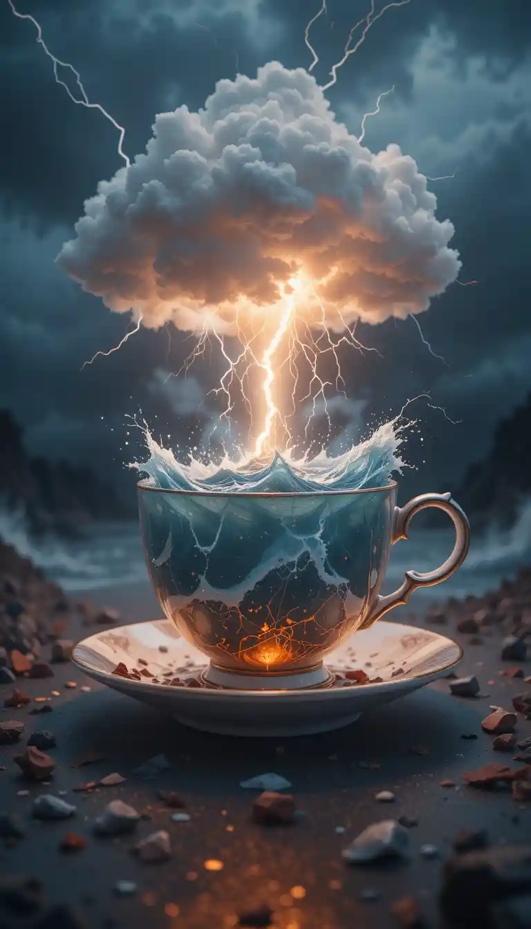 Stormy sea and lightning contained within a teacup