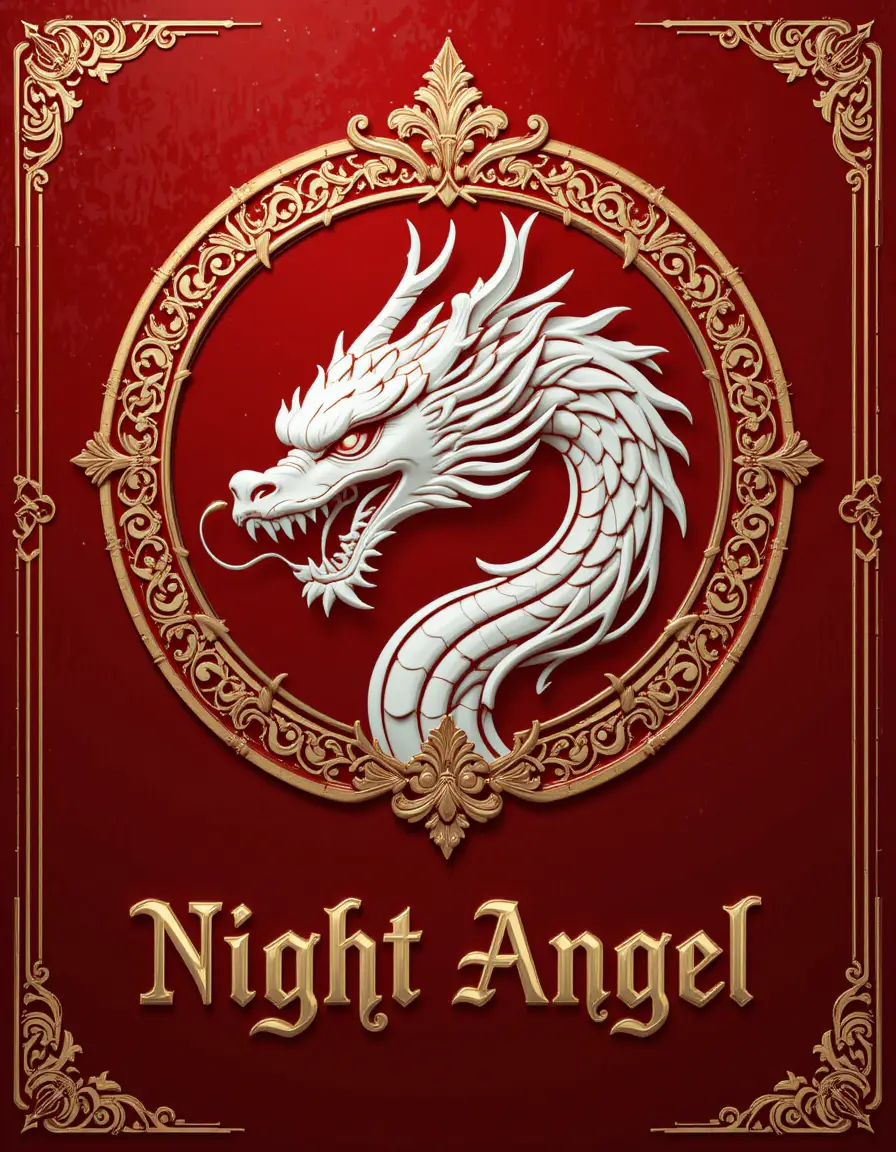Red dragon head logo with gold decorations and text