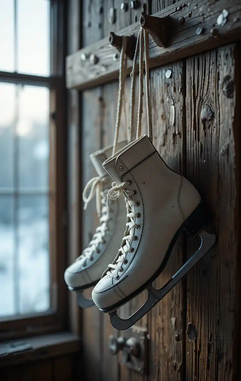 Close up of ice skates hanging on rustic indoor wall