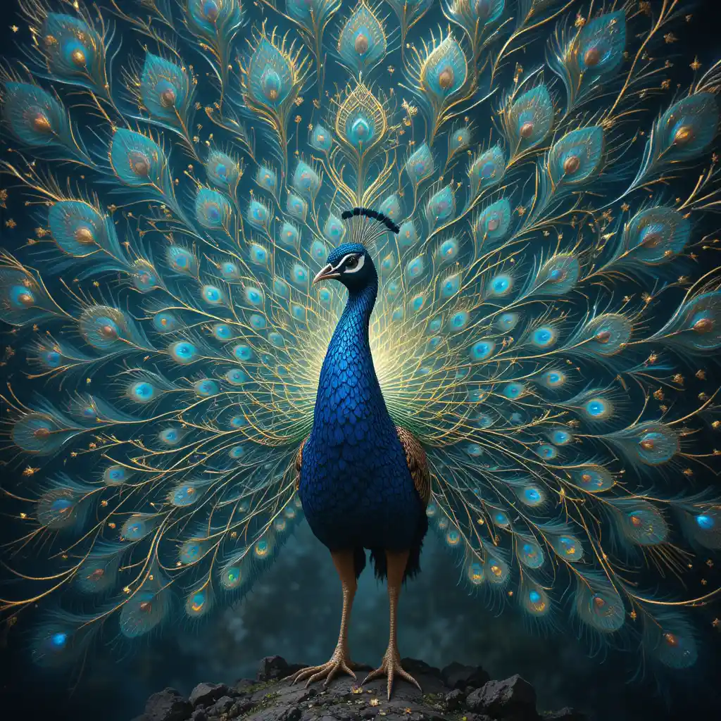 Pavão majestoso com plumagem fractal iridescente em reino onírico