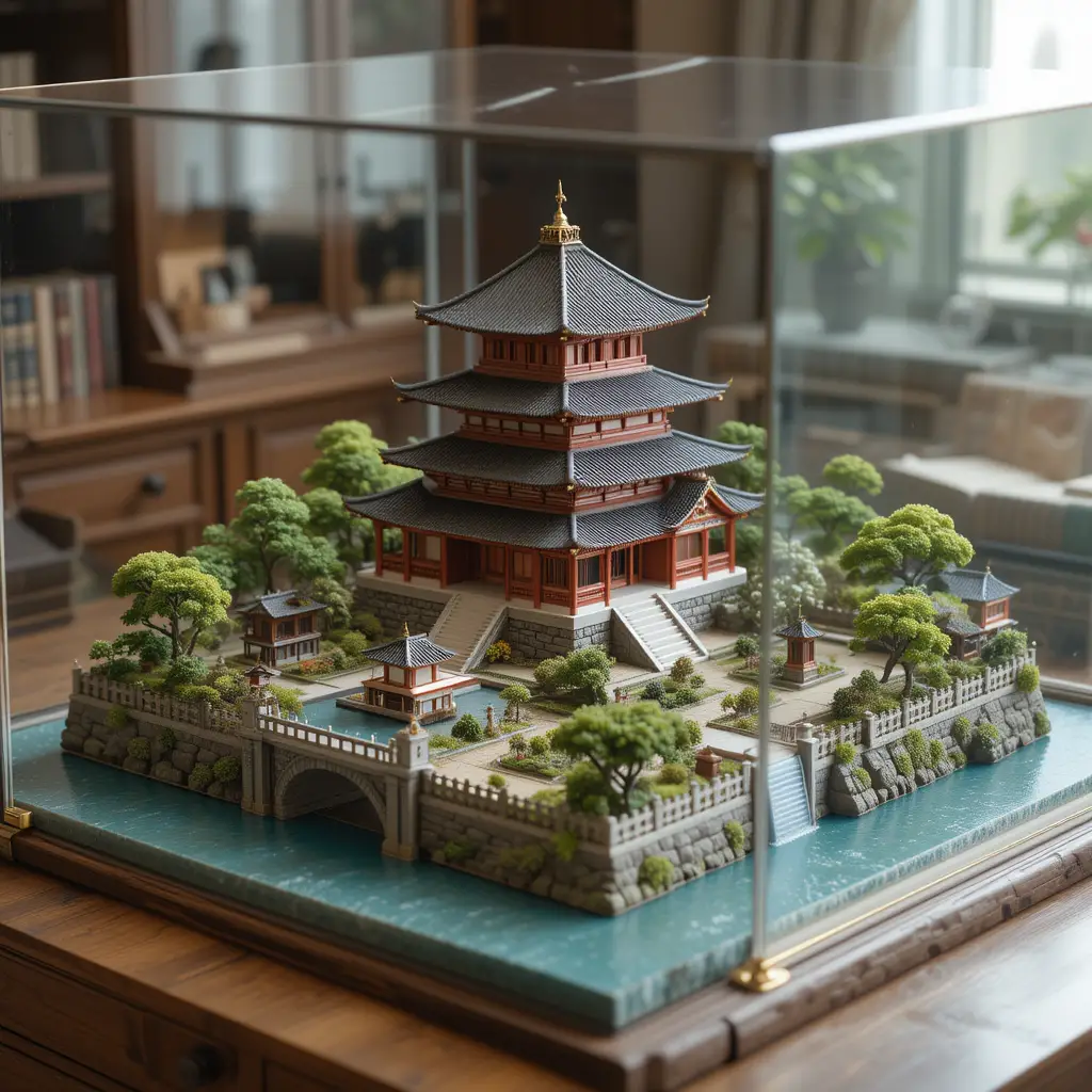 Miniature Japanese temple model under glass on oak desk