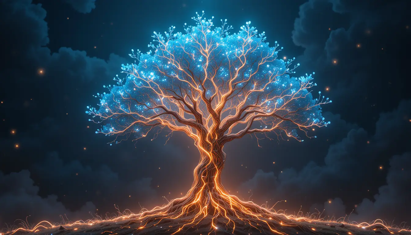 Futuristic tree merging circuitry branches with hologram leaves