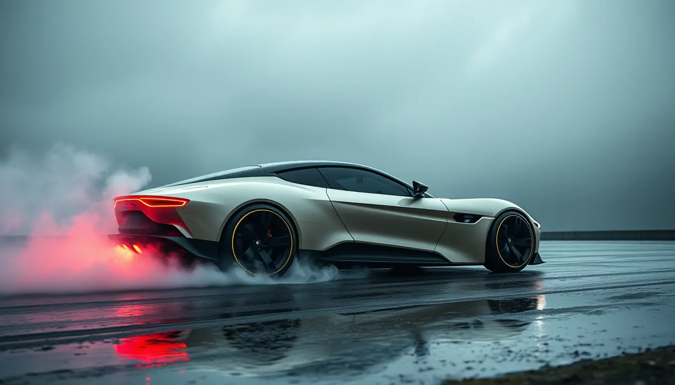 Futuristic sports car skidding on a foggy rainy road