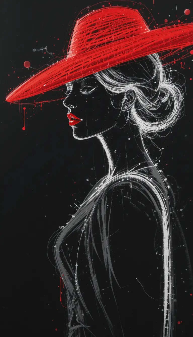 Minimal line art portrait of a woman in a red hat
