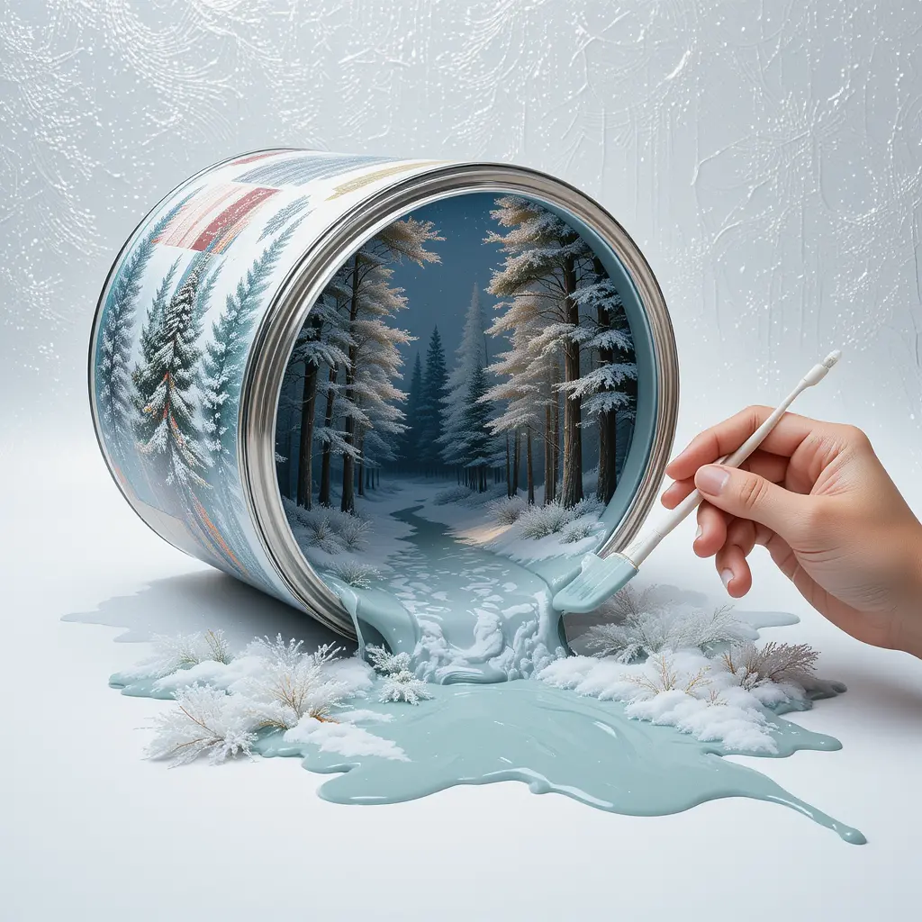 Surreal paint can pouring a magical winter forest