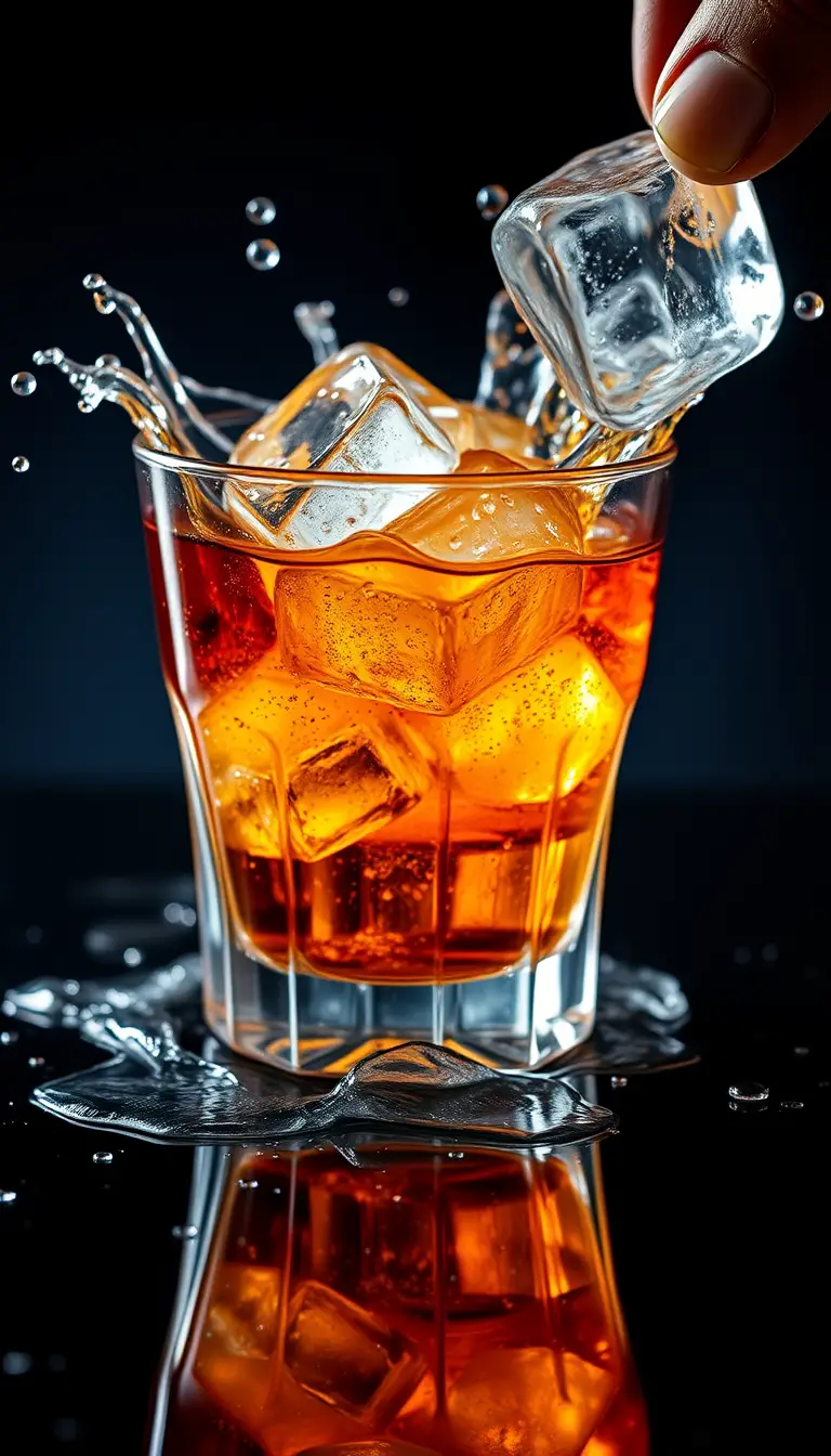 Éclaboussure de whisky dans un verre old fashioned avec glaçons