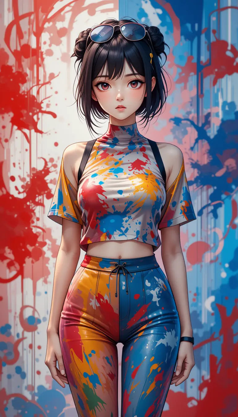 Anime woman in front of red and blue abstract background
