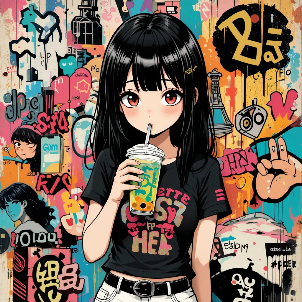 Graffiti anime girl drinking bubble tea close up illustration