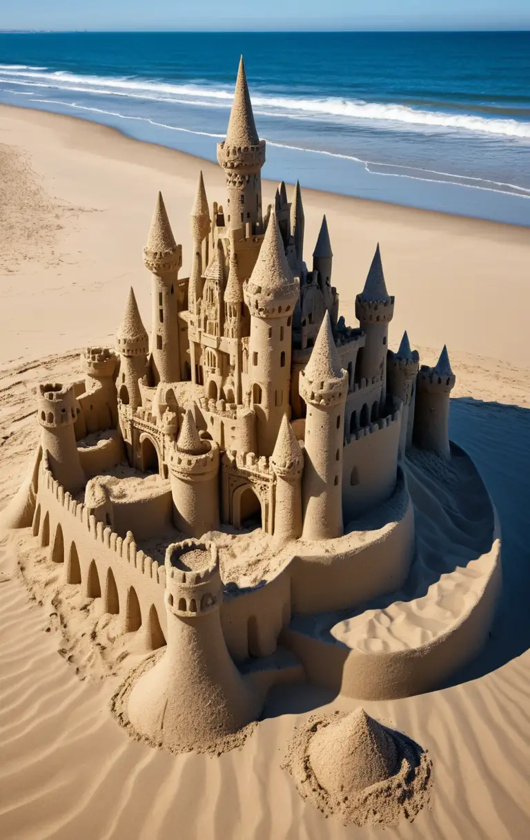 Close up sandcastle on the beach with ocean horizon