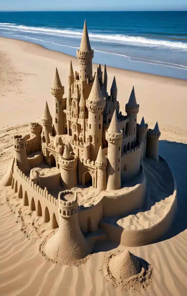 Close up sandcastle on the beach with ocean horizon
