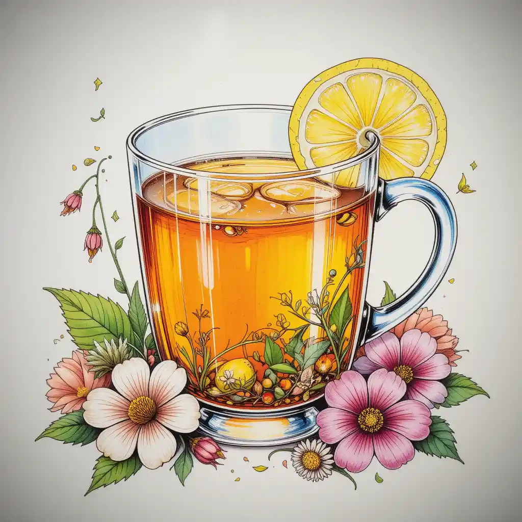 Herbal tea cup with lemon and flowers illustration