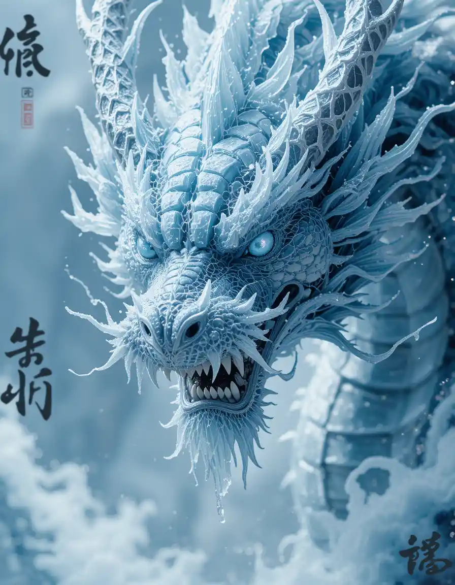 Fierce icy eastern dragon head in close up portrait