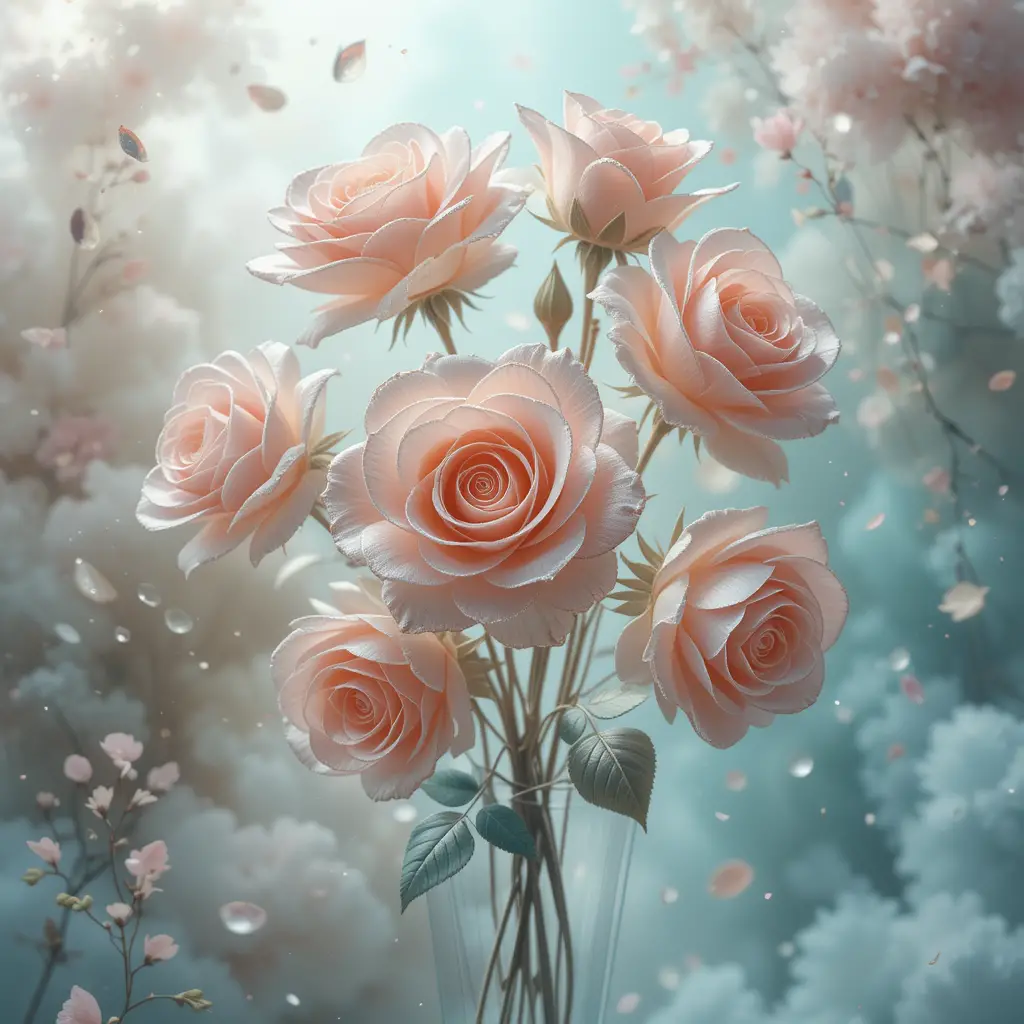 Romantic 3d wax rose bouquet in dreamy watercolor scene