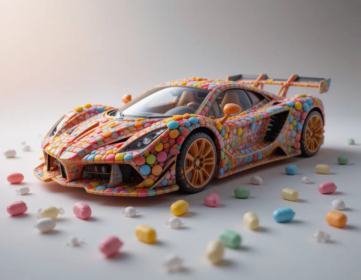 Hypercar Sculpted From Colorful Candy In 3D Rendering