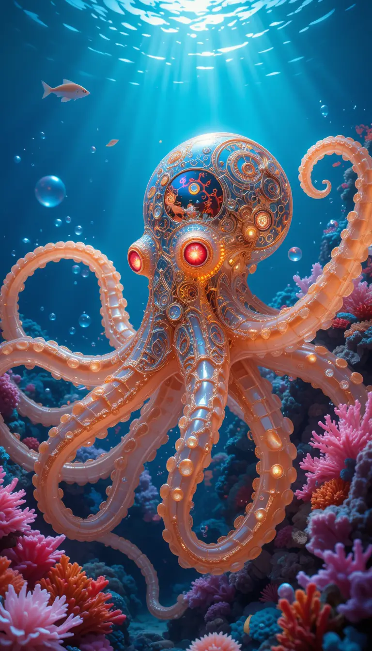 Glowing Crystal Octopus In A Vivid Underwater World