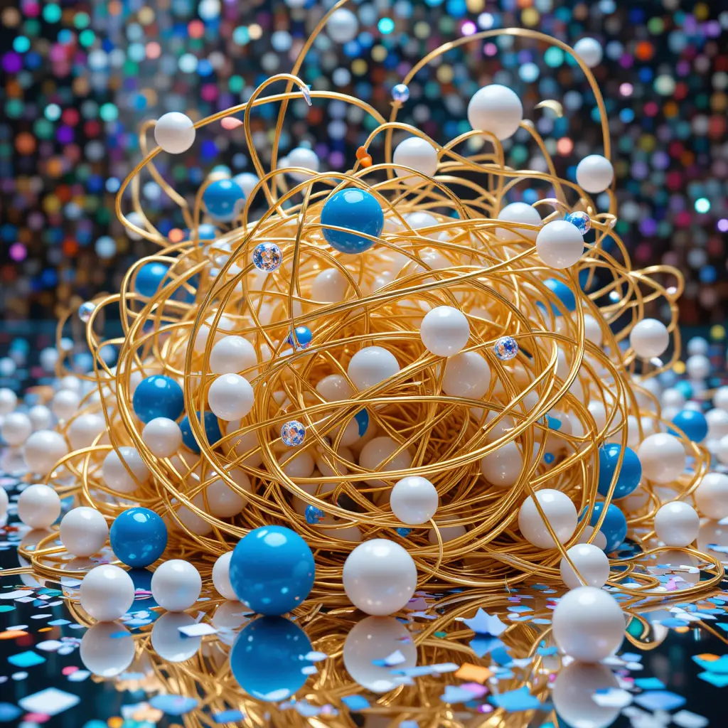 Golden wires and plastic spheres on reflective abstract surface